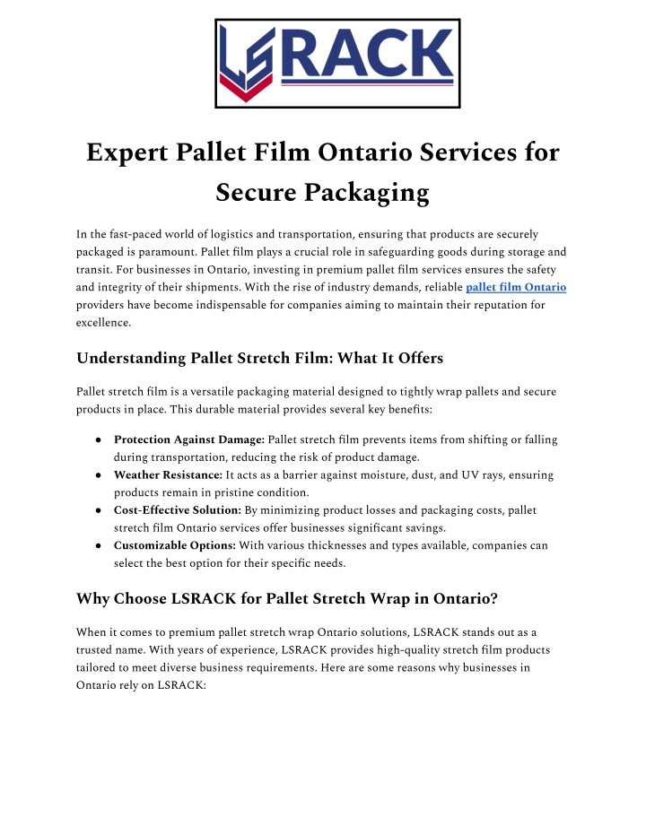 PPT - Top-Quality Pallet Film Solutions Ontario: Protect Your Goods PowerPoint Presentation - ID:13810723