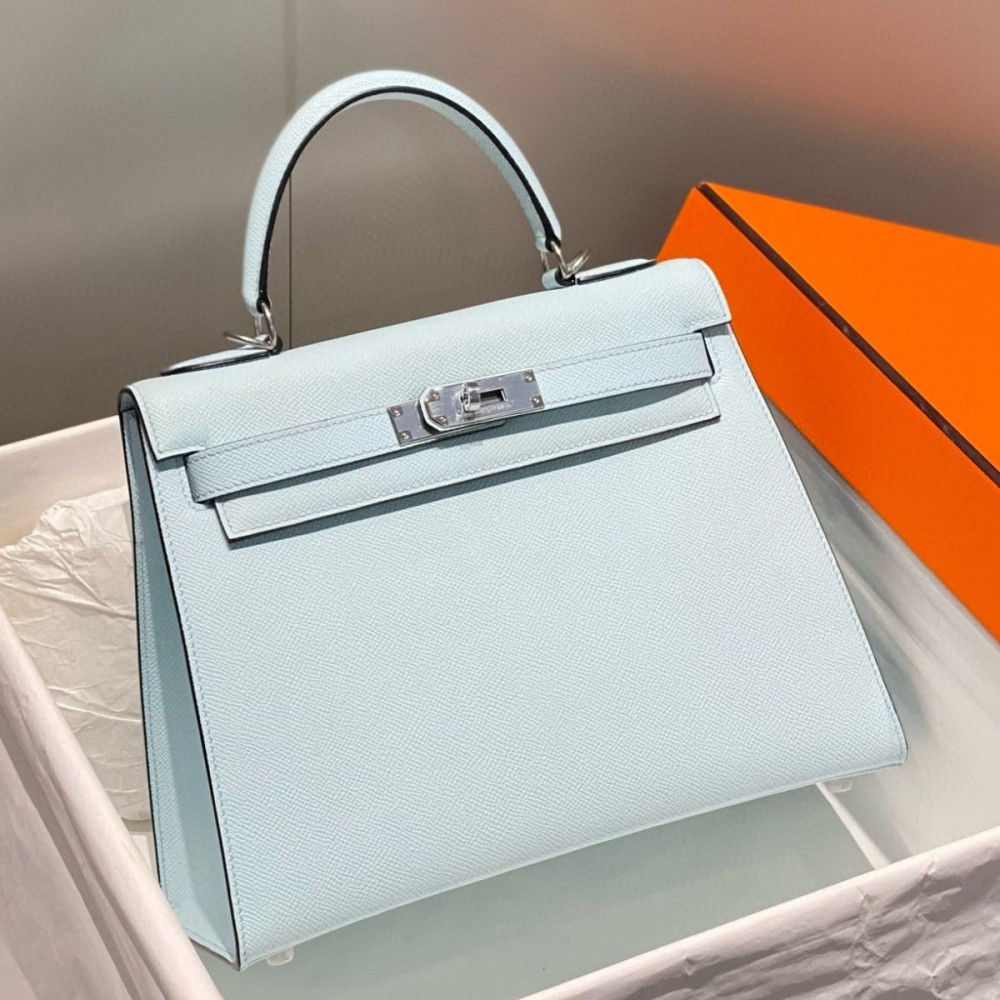 High Quality Replica Hermes Kelly 28cm Bag In Blue Brume Epsom Leather PHW $ 379 USD