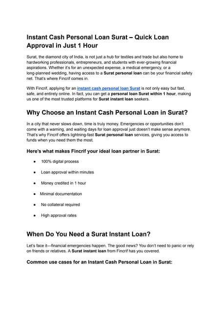 Instant Cash Personal Loan in Surat Within 1 Hour – Fast, Easy & Hassle-Free with FinCrif | PDF