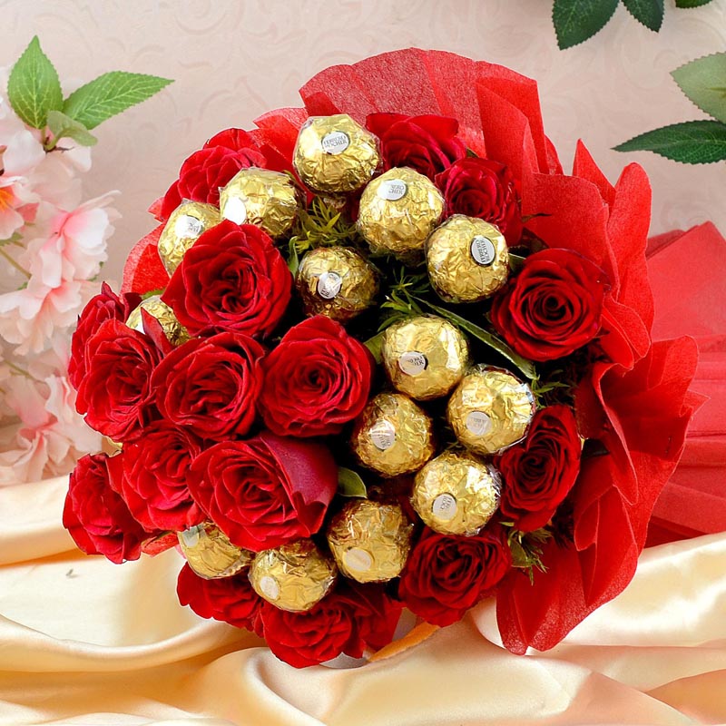 Buy / Send Red Flowers & Ferrero Rocher Online From OyeGifts