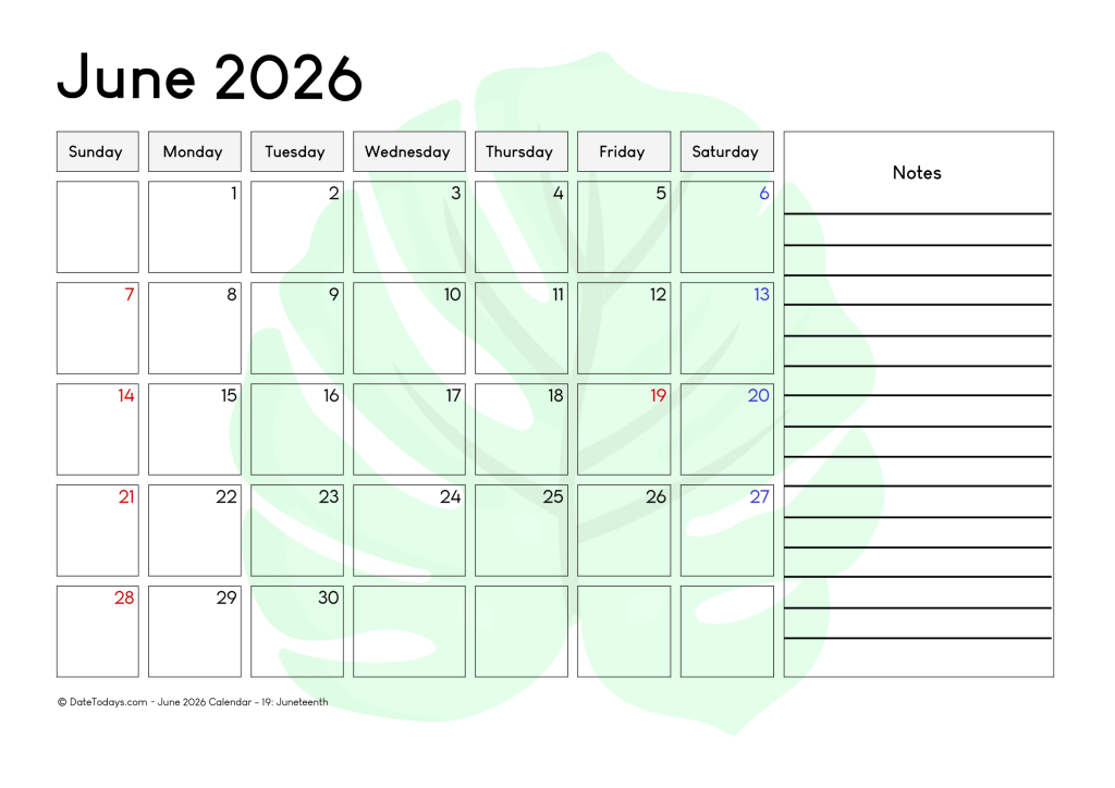 Free June 2026 Calendar with Holidays Printable PDF