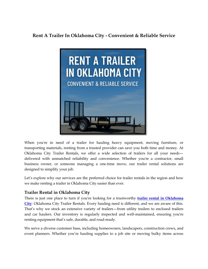 Rent A Trailer In Oklahoma City - Convenient & Reliable Service