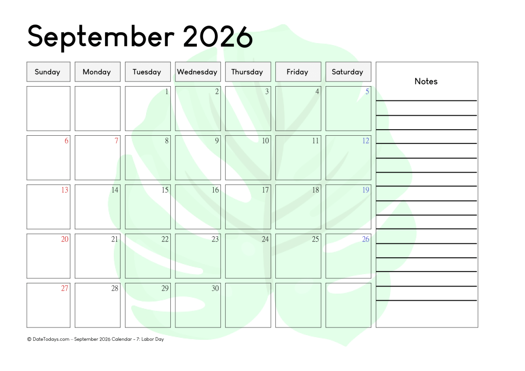 September 2026 Calendar Printable PDF with Holidays