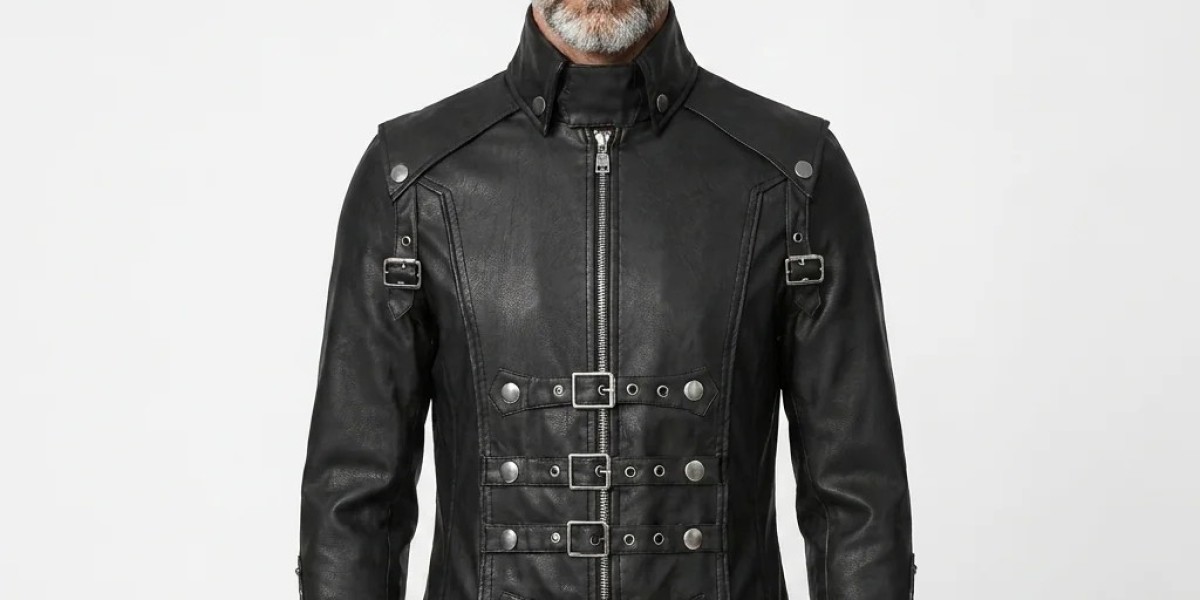 Men’s Black Genuine Leather Gothic Trench Coat with Buckles